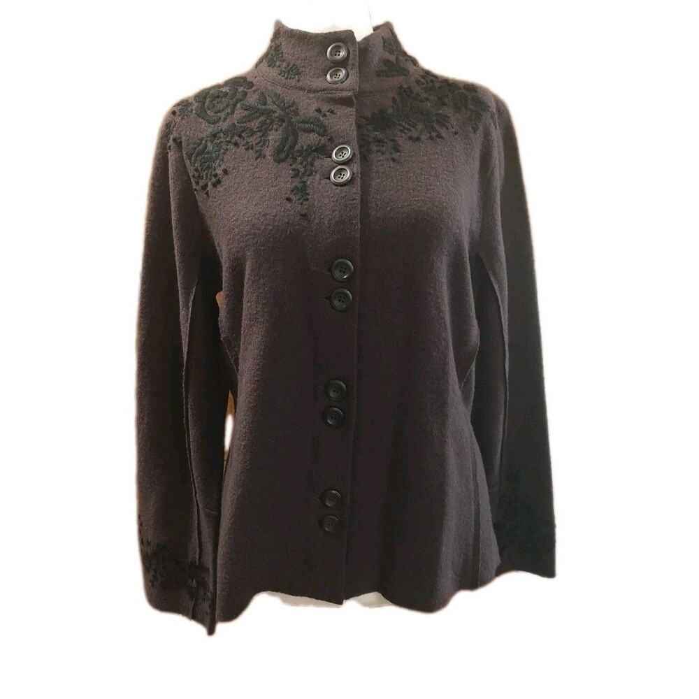 J. Jill Jacket Women's Size Small 100% Wool Brown Felt Embroidered Cottage Core